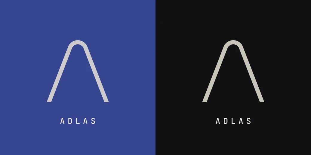 ADLAS wordmark with the slender A, on indigo and on black