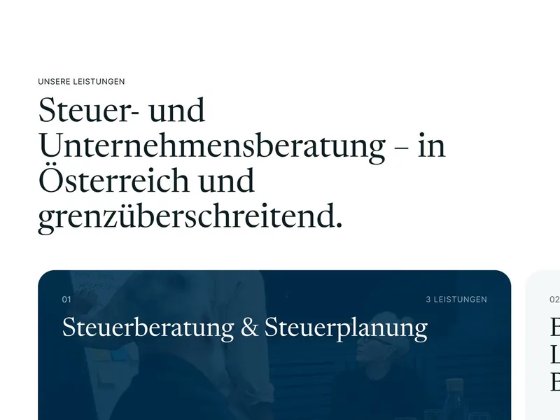Website design for Tax Austria: a headline on tax and business advisory above a navy service card